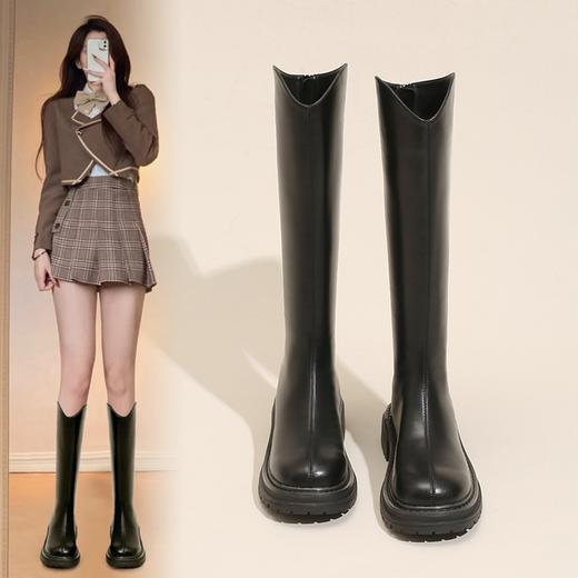 ZHR马丁靴V口骑士靴女2023秋冬新款黑色厚底长筒靴小个子瘦瘦靴子 商品图0