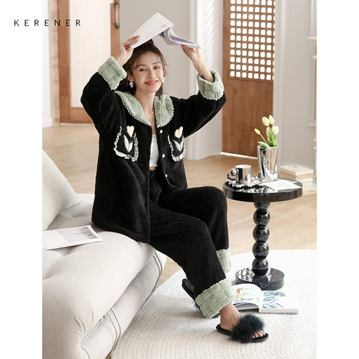 可人儿冬季保暖舒棉绒睡衣女韩版网红风花朵加厚法兰绒家居服套装 商品图2