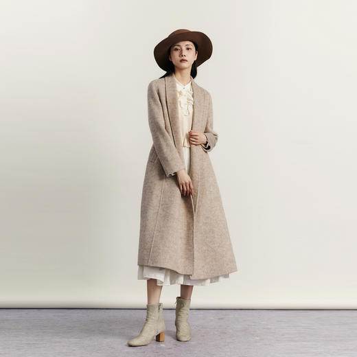 谜底羊毛呢大衣女2023冬新品极简风气质翻驳领长款呢子234GD1509 商品图3