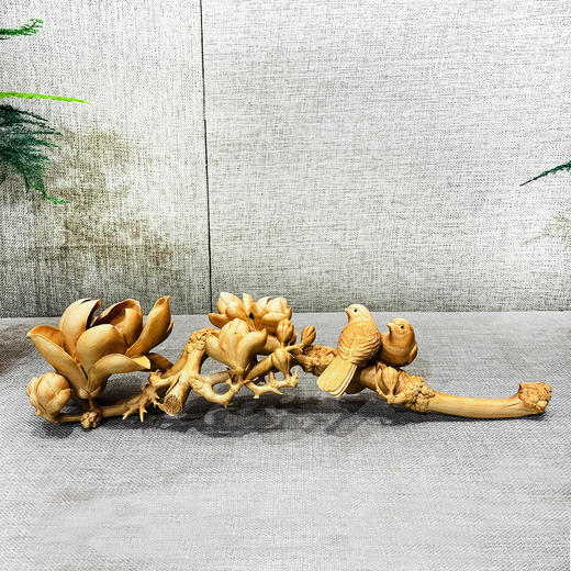 玉兰双鹊好事成双°黄杨木如意摆件 商品图0