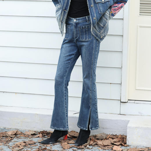 谜底牛仔喇叭裤女2023冬新品复古高腰百搭磨毛开叉长裤234MK1520 商品图1