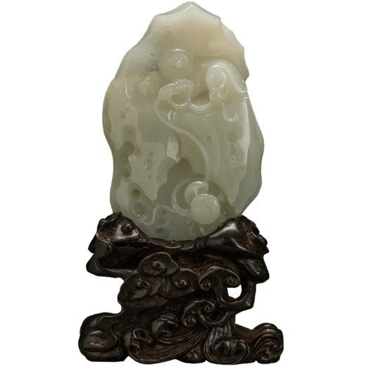 和田玉雕童子戏莲山子摆件（红木座） 商品图5