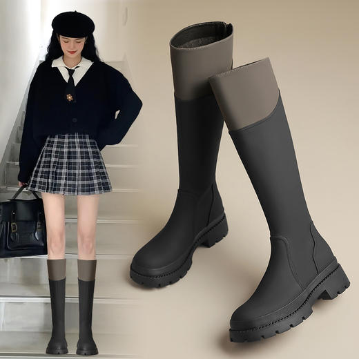 ZHR长筒靴女靴2023秋冬新款加绒保暖休闲百搭拼色厚底显瘦骑士靴 商品图0