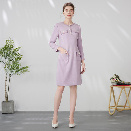 EITIE爱特爱气质千金OL通勤浅紫色小香风显瘦长袖连衣裙24春新款A2407305 商品图3