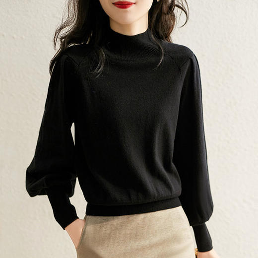 百媚生 羊角袖长袖高领毛衣宽松灯笼袖针织衫女GL1015 商品图2