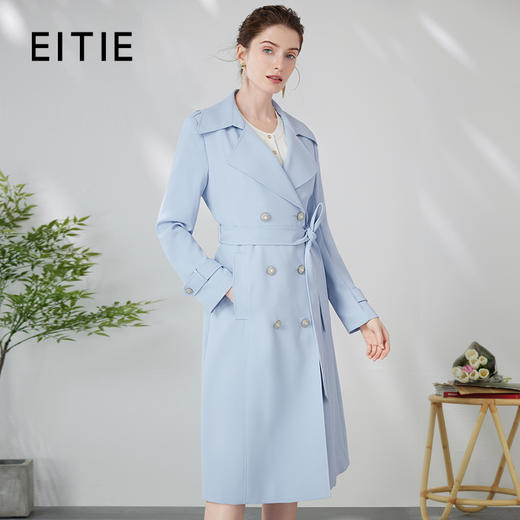EITIE爱特爱清新baby蓝气质双排扣收腰显瘦长款风衣外套24春新款A2404301 商品图0