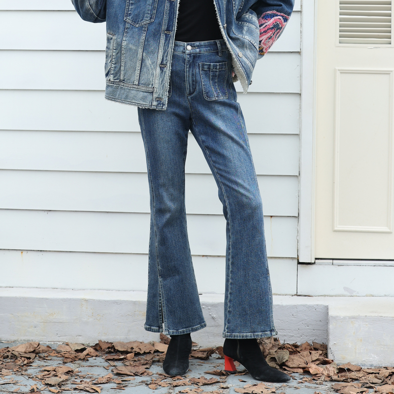 谜底牛仔喇叭裤女2023冬新品复古高腰百搭磨毛开叉长裤234MK1520