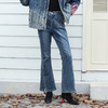 谜底牛仔喇叭裤女2023冬新品复古高腰百搭磨毛开叉长裤234MK1520 商品缩略图0