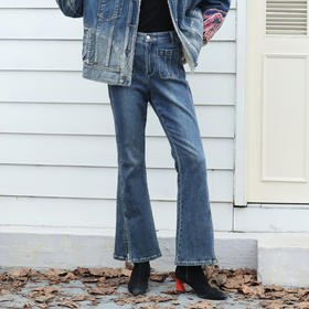 谜底牛仔喇叭裤女2023冬新品复古高腰百搭磨毛开叉长裤234MK1520
