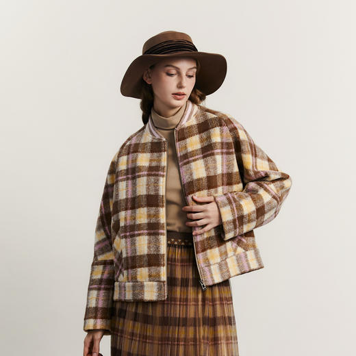 谜底粗花呢外套女2023冬季新品复古格子棒球领呢子大衣234MW1460 商品图3