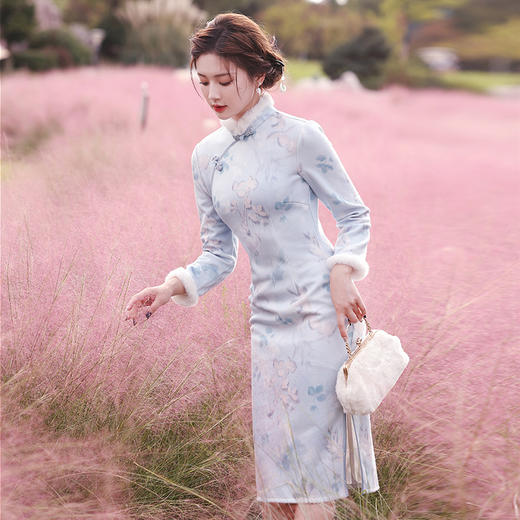 曼丽绒长款温婉少女，毛茸茸日常文艺风气质旗袍MLS-6821 商品图2