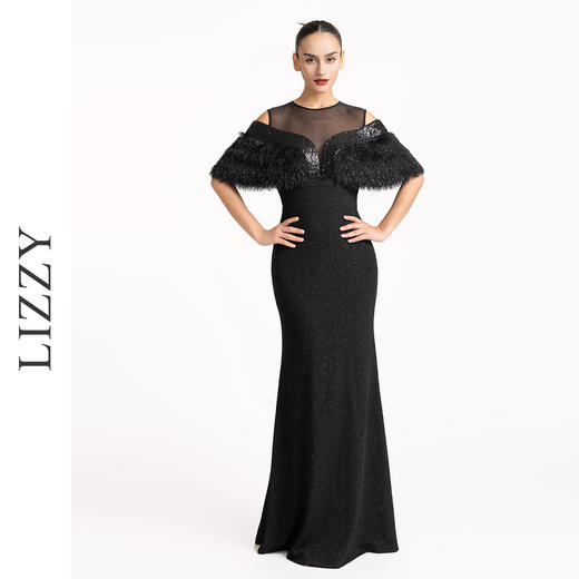 LIZZY优雅轻奢斗篷袖修身显瘦黑色礼服宴会婚庆派对长款连衣裙7194 商品图1