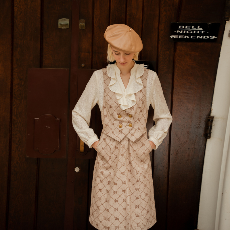 谜底连衣裙2023冬新款复古提花拼接牛仔假两件中长裙女234ML1598