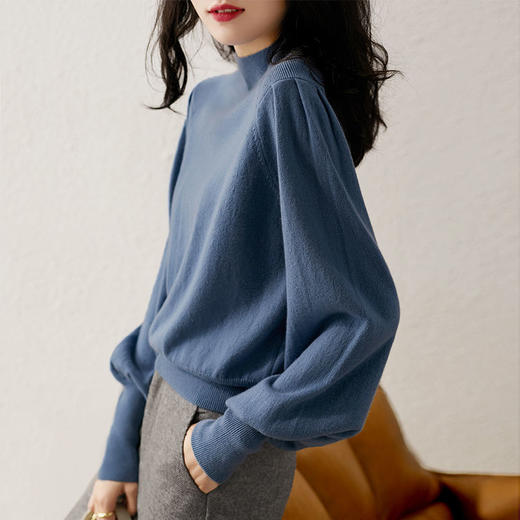 百媚生 羊角袖长袖高领毛衣宽松灯笼袖针织衫女GL1015 商品图1