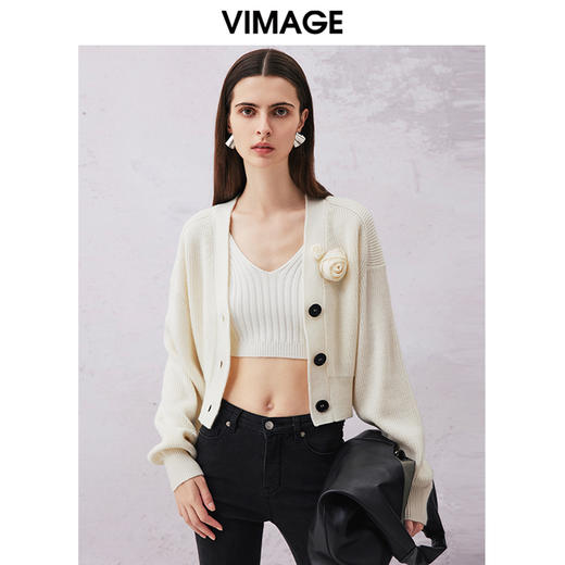 VIMAGE纬漫纪春季新款时尚气质百搭短款针织开衫V2101705 商品图0