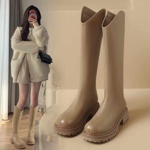 ZHR厚底长筒靴加绒保暖女靴2023复古美拉德不过膝瘦瘦靴V口骑士靴 商品图4
