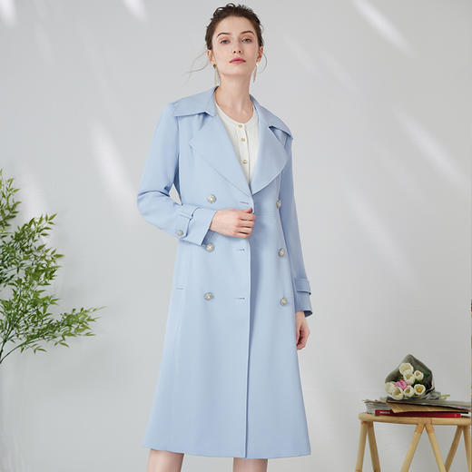 EITIE爱特爱清新baby蓝气质双排扣收腰显瘦长款风衣外套24春新款A2404301 商品图2
