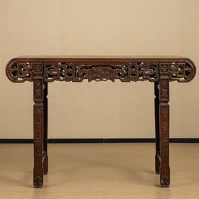 清 红木三镶瘿木鹿衔灵芝书卷式平头案