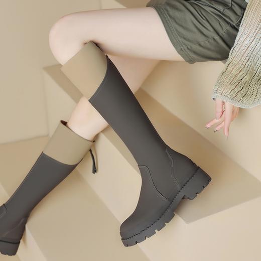 ZHR长筒靴女靴2023秋冬新款加绒保暖休闲百搭拼色厚底显瘦骑士靴 商品图7