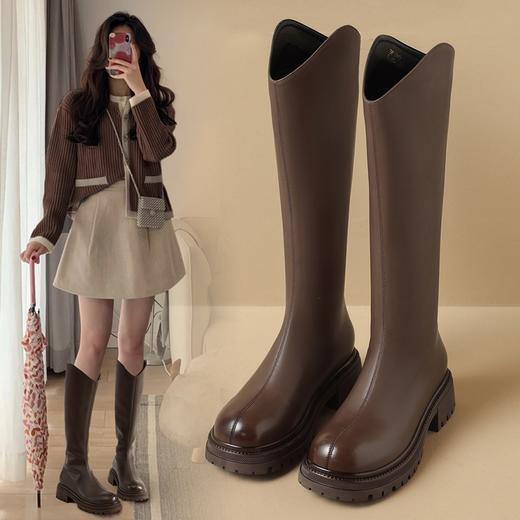 ZHR厚底长筒靴加绒保暖女靴2023复古美拉德不过膝瘦瘦靴V口骑士靴 商品图8