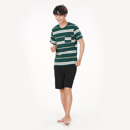 都市丽人都市锋尚舒适外出春夏睡衣男纯棉色织条家居服薄款短袖短裤男士纯棉套装FH42B8 商品图3