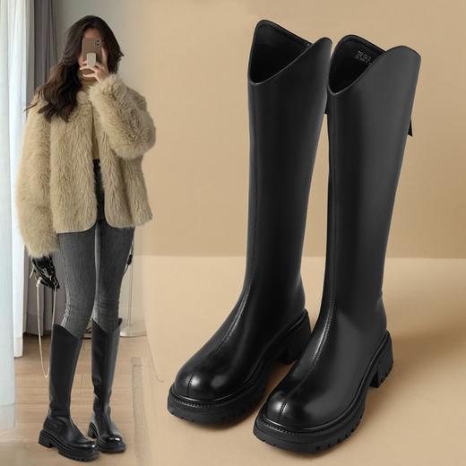 ZHR厚底长筒靴加绒保暖女靴2023复古美拉德不过膝瘦瘦靴V口骑士靴 商品图0