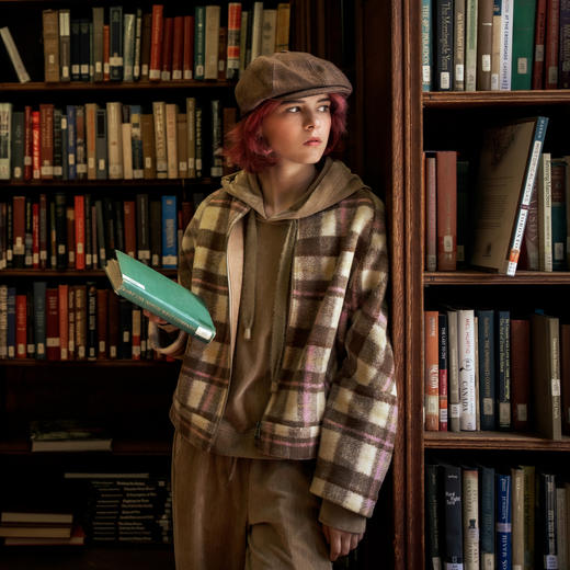 谜底粗花呢外套女2023冬季新品复古格子棒球领呢子大衣234MW1460 商品图0