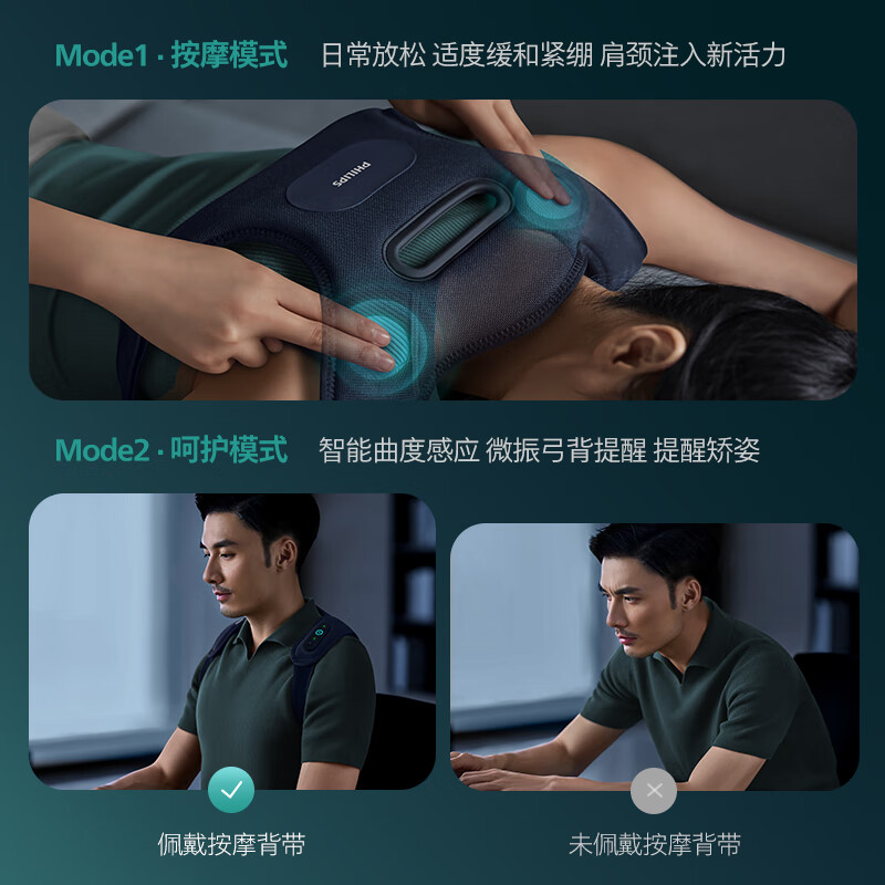 飞利浦（PHILIPS）飞利浦背带按摩器儿童成人坐姿背部驼背提醒热敷肩颈隐形背带仪 PPM3601B M码
