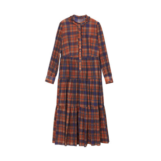 谜底格子连衣裙长袖2023冬季新品复古浪漫大摆型长裙女234ML1566 商品图4