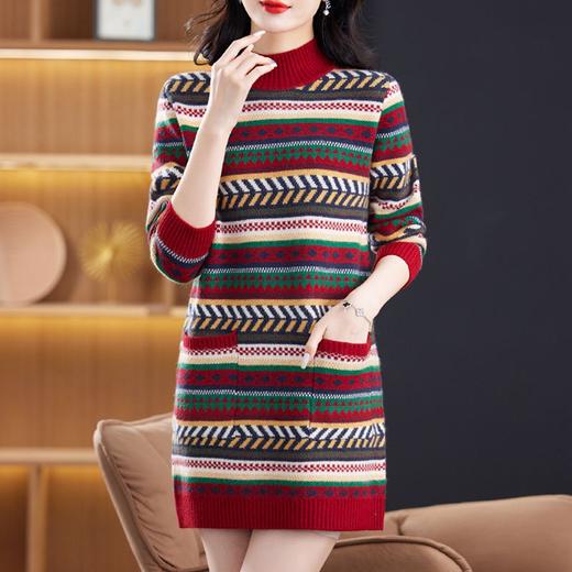 冬季新款，半高领中长款条纹提花加厚口袋女士毛衣针织打底衫CC-XX-3770 商品图3