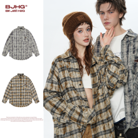 BJHG不计后果美式复古格子衬衫男春季新款设计感休闲情侣开衫外套