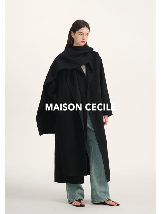MAISON CECILE鹅黄/黑色围巾戴帽羊毛可拆分随性宽松大衣 商品图3