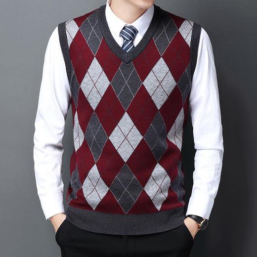 含毛混纺秋冬季男士羊毛背心中年休闲格子提花V领毛衣男装打底衫 商品图2