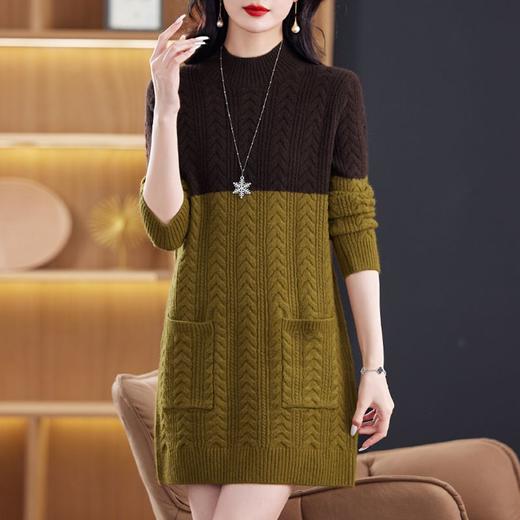 半高领中长款女士毛衣，冬季新款拼色螺纹口袋针织打底衫上衣CC-XX-3778 商品图1