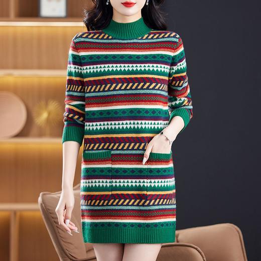 冬季新款，半高领中长款条纹提花加厚口袋女士毛衣针织打底衫CC-XX-3770 商品图1