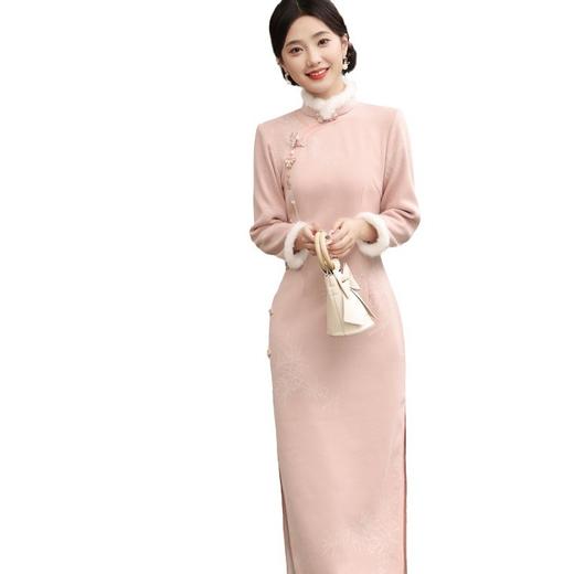 冬季新款，加毛加厚复合超柔雪花绒侧八扣长款旗袍日常款旗袍SJT-396 商品图4