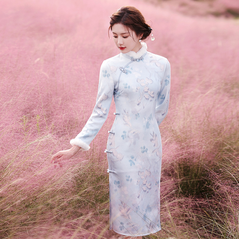 曼丽绒长款温婉少女，毛茸茸日常文艺风气质旗袍MLS-6821