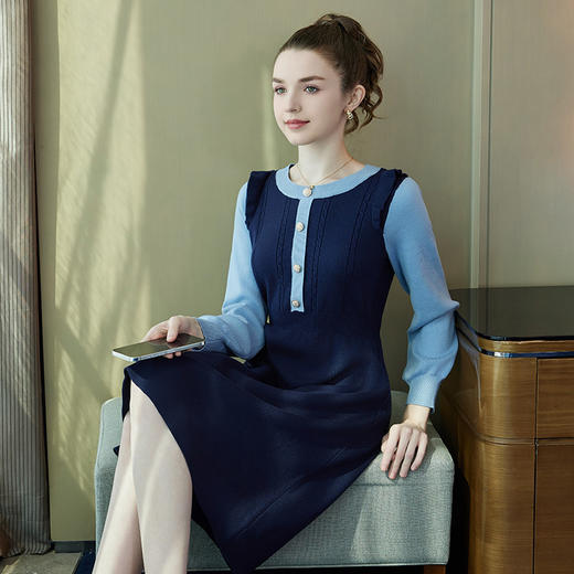 奢姿2024年冬季新款大码女装时尚拼接针织裙子胖妹妹简约连衣裙9734868237 商品图2