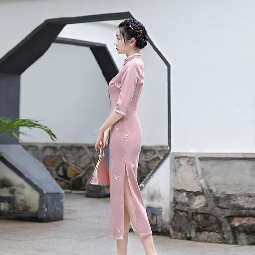 麂皮绒烫金绣花，改良长款旗袍MLS-6288 商品图2