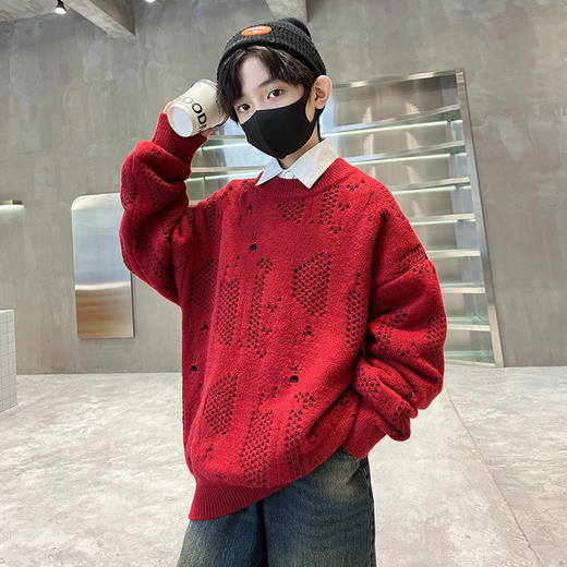 【宽松版型，随性自然！】男童加厚毛衣2023新款，秋冬款中大童儿童男孩冬季红色打底衫冬装潮，展现了现代儿童时尚潮流的风采，无论是日常穿搭还是参加各种场合！ 商品图5