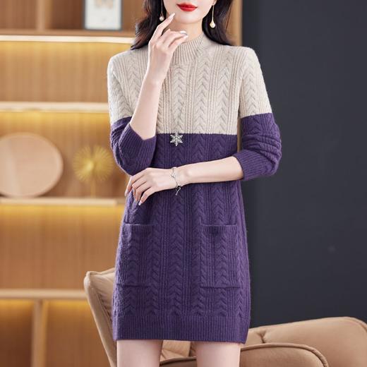 半高领中长款女士毛衣，冬季新款拼色螺纹口袋针织打底衫上衣CC-XX-3778 商品图3