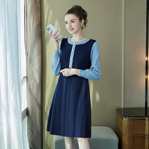 奢姿2024年冬季新款大码女装时尚拼接针织裙子胖妹妹简约连衣裙9734868237 商品图1