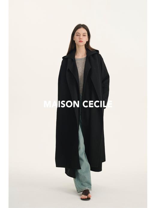 MAISON CECILE鹅黄/黑色围巾戴帽羊毛可拆分随性宽松大衣 商品图4