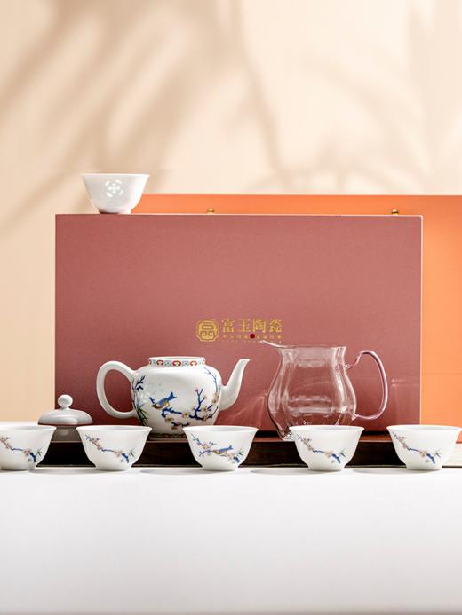 富玉 景德镇玲珑粉彩陶瓷茶器梅雀报喜8头茶具功夫茶具 商品图0