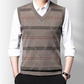秋冬季新款男士针织背心中年休闲V领条纹爸爸装半袖毛衣（化纤混纺）