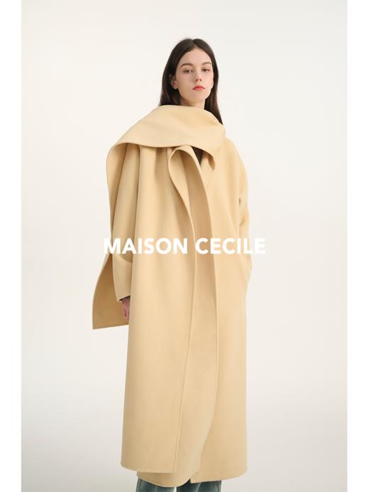 MAISON CECILE鹅黄/黑色围巾戴帽羊毛可拆分随性宽松大衣 商品图2