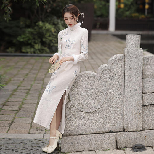 气质竹叶立体提花，韵味古典复合超柔长款旗袍MLS-6819 商品图1