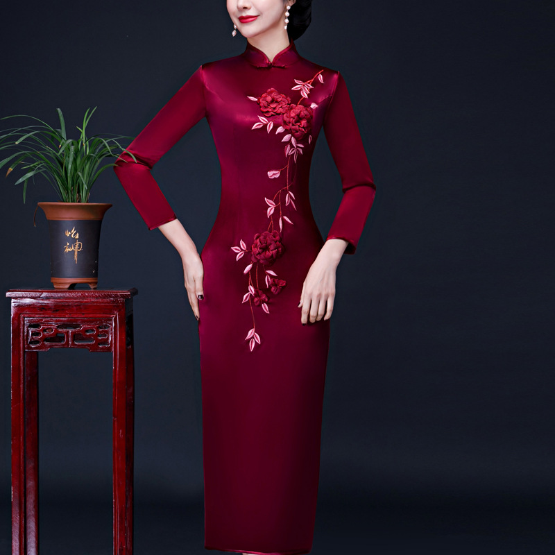 加厚冬季妈妈装婚宴婚礼旗袍裙礼服，喜婆婆婚宴服端庄大气长款LHS-L9081