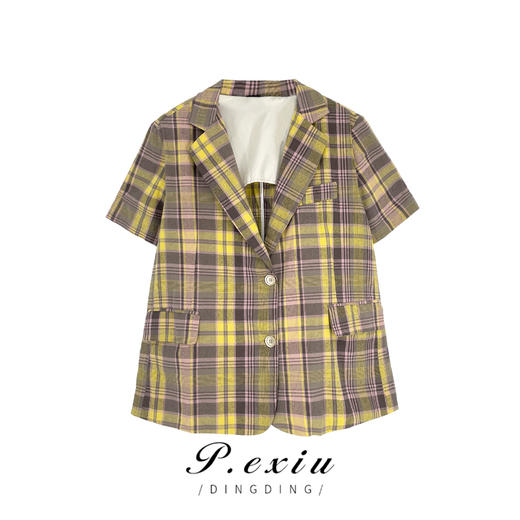 01-1 潘依绣丁丁宠粉夏季新款时尚休闲百搭显瘦格子西服外套 Q05021 商品图0