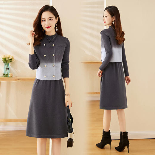 冬季新款，温柔风晕染渐变色百搭洋气双排扣两件套连衣裙HR-YBER106 商品图2
